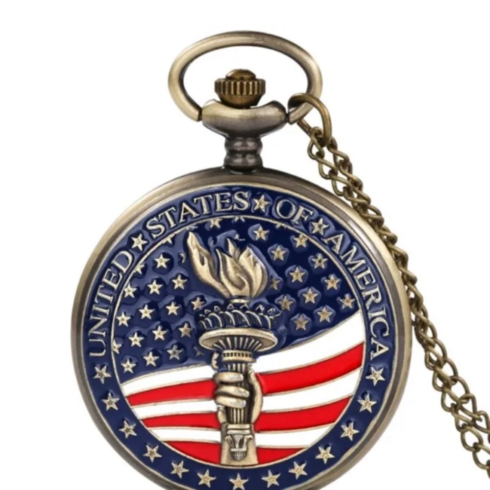 Vintage Quartz Pocket Watch Full‎ Hunter American Flag Golden Statue of Liberty
